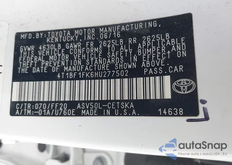 2017 Toyota Camry Se z USA, uszkodzony, nr VIN 4T1BF1FK6HU277502